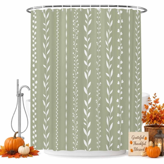 Modern Minimalist Shower Curtain Set - Small 36" x 72" Washable Bathtub Curtain with 12 Hooks, Farmhouse Leaf Stripes Sage Green Waterproof Fabric Stall Shower Curtains for Bathroom/Bathtub Décor