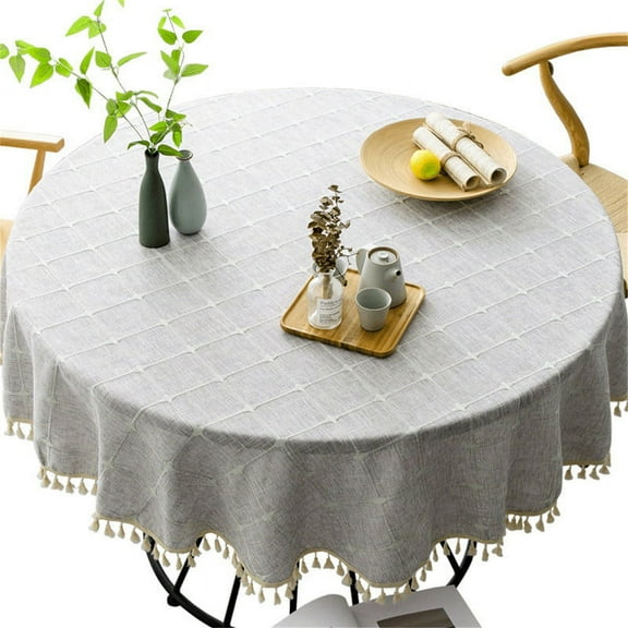 Modern Minimalist Small Round Table Cloth Cotton Linen Round Check Coffee Table Tablecloth Round Tassel Tablecloth Round Tablecloth with Tassels(39.37" diameter Round)