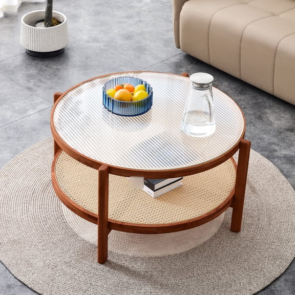 Modern Minimalist Solid Wood Coffee Table | Creates Japanese or Chinese Style Ambiance at Home | Polished Edges and Legs, PE Rattan Second Layer | Easy to Install in Minutes