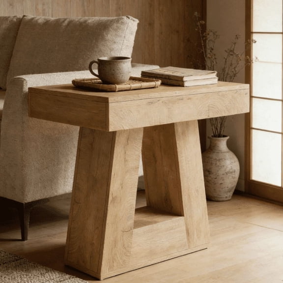 Modern Minimalist Square Wood Grain Side End Table with Unique Trapezoidal Hollow Base, Natural Rustic Particleboard Accent Sofa Side Table, for Living Room Bedroom Small