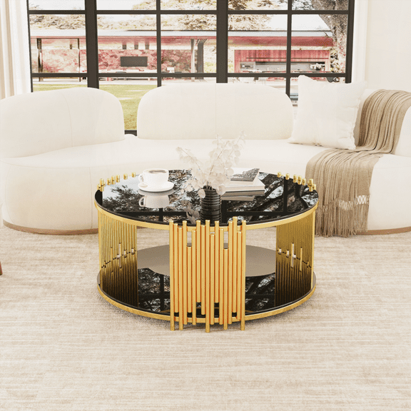 Modern Minimalist Stainless Steel Circular Coffee Table with Black Tempered Glass, for Living Room