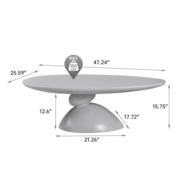 Modern Minimalist Stone Gray Oval Coffee Table for Living Room, 47.24 Fiberglass Lucky Stone-Shaped Coffee Table with Sculptural Base for Apartments