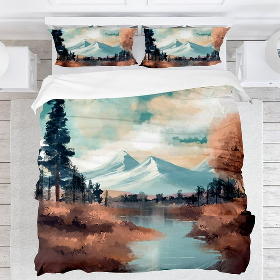 Modern Minimalist Style Bedding Set, Mountain and River Landscape Print Bedding Set, Unisex, Comes with 1 Duvet Cover and 2 Pillowcases