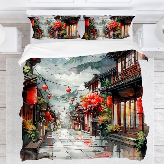 Modern Minimalist Style Bedding Set, Watercolor Old Town Alley Print Bedding Set, Unisex, Comes with 1 Duvet Cover and 2 Pillowcases