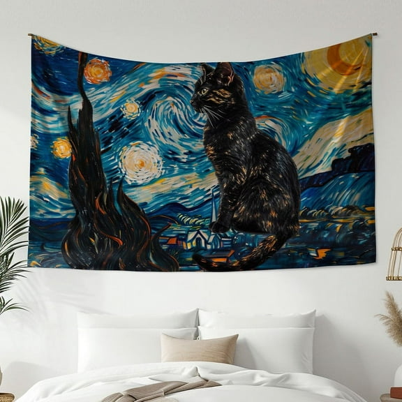 Modern Minimalist Style Tapestry, Oil Painting Starry Sky Cat Print Tapestry, Bedroom Living Room Dormitory Decoration, Home Decoration