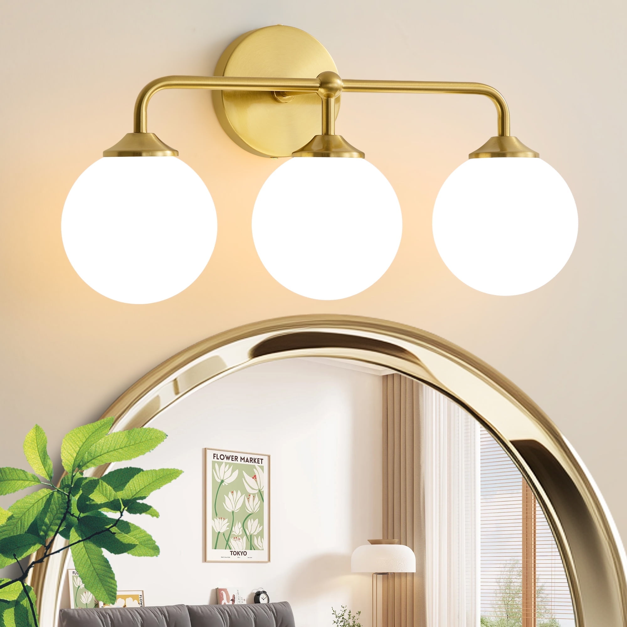 Deyidn Modern Vanity Light Gold 3-Light, 18.89" Bathroom Light with Milk White Glass Shade for Soft Lighting, Damp Rated Fixture for Bath, Powder Room