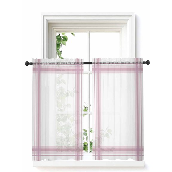 Modern Minimalist Styles Curtains 45 Inch Length, Sheer Curtains for Bedroom Living Room Window Rose Grid Lines Pattern Rod Pocket Voile Drapes Kitchen Curtains Small Half Window 42"x45" 2 Panels