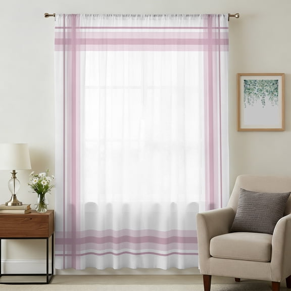 Modern Minimalist Styles Sheer Curtains 72 Inches Long for Living Room, Rose Grid Lines Pattern Light Filtering Privacy Drapes, Breathable Semi Sheer Window Treatment for Bedroom Dining Room