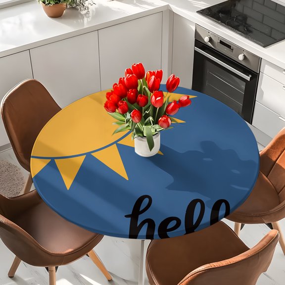 Modern Minimalist Sun Yellow Blue Round Fitted Tablecloth with Elastic Edge,Waterproof Table Cloth Fits 36"-44"Tables,Wipeable Table Cover for Indoor Outdoor Dinning Party,Hello Quote Sunburst