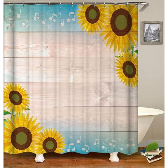 Modern Minimalist Sunflower Music Symbol Wood Panel Background Shower Curtain Sets For Bathroom Fabric Machine Washable Digital Printing Decor With 12 Hooks 36"W x 72"L (Pack of 1)