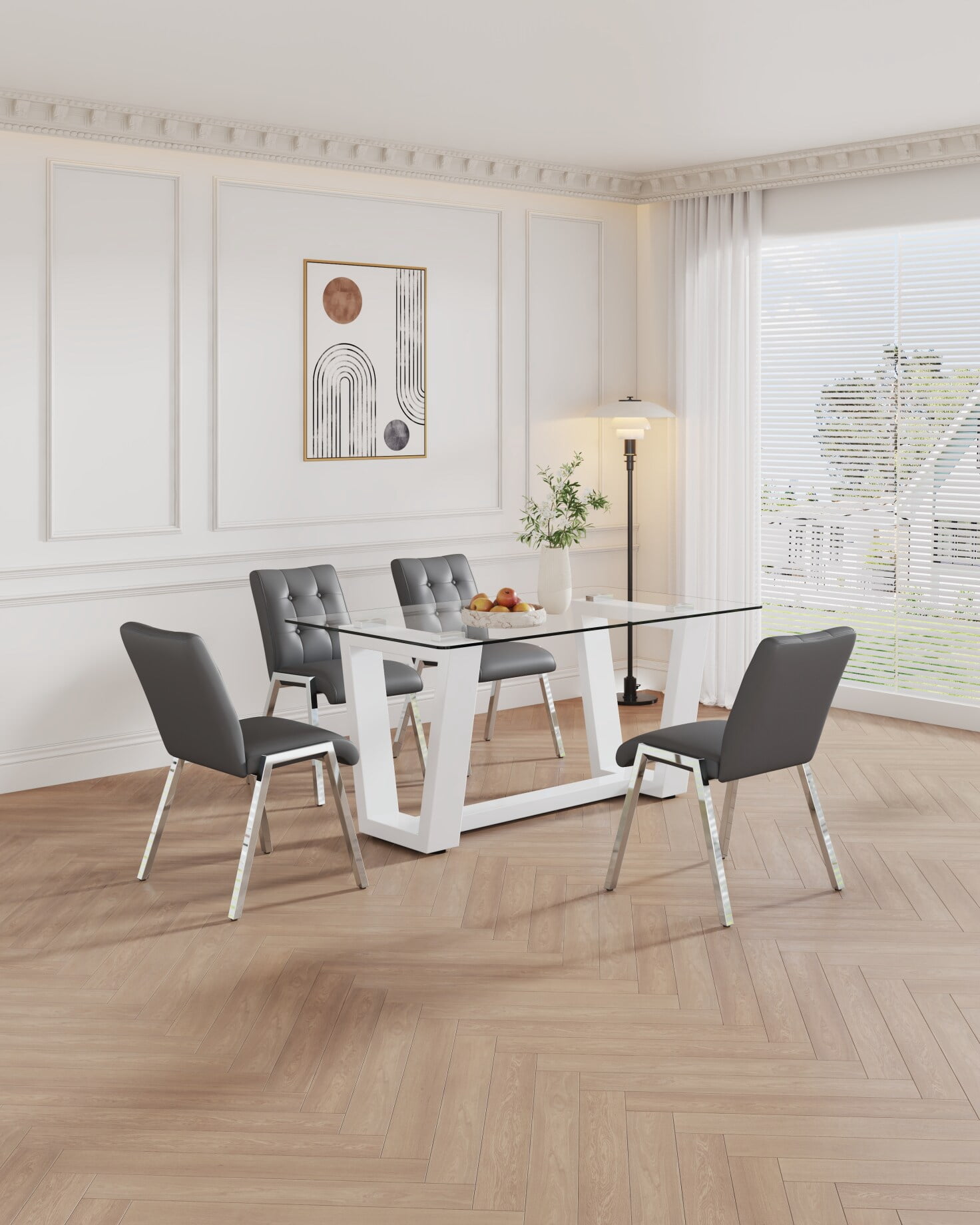 Modern Minimalist Table and Chair Set, Rectangular Glass Dining Table ...