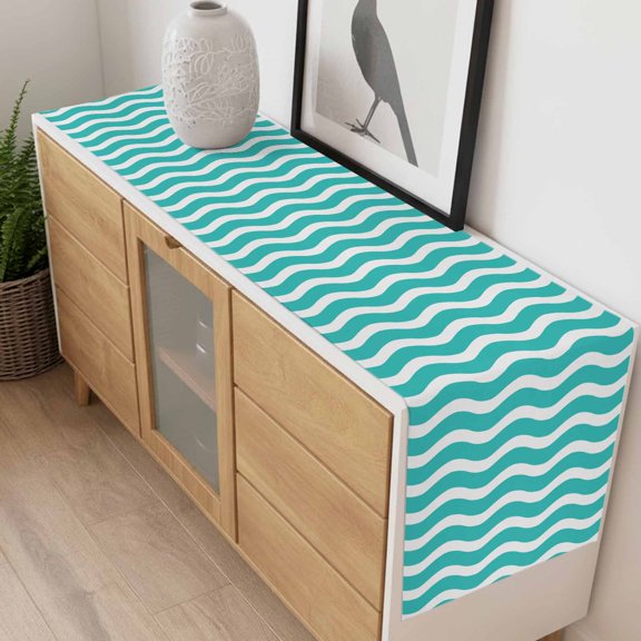 Modern Minimalist Wave Stripe Art Table Runner 70 Inches Long,Kitchen Dining Tablerunners Ocean Teal Water Ripple Linen Table Runners Dresser Scarves for Home Dinner Wedding Holiday Party Decor