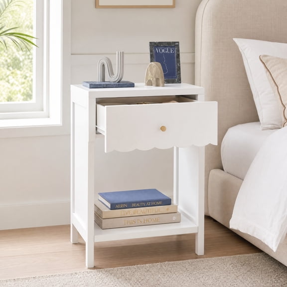 Modern Minimalist White Bedside Nightstand Cute ScallopedEdge Side Table with Storage Drawer and Open Shelf for Bedroom Kids & Girls Room Decor 16.93"D x 14.96"W x 26.77"H