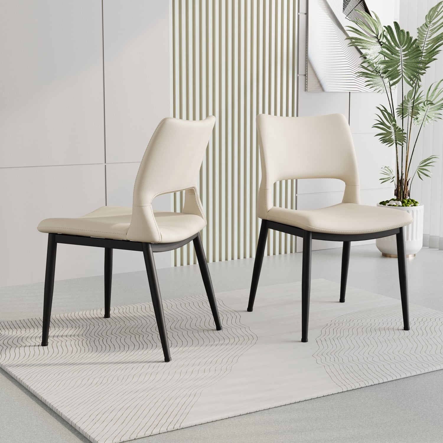 Modern Minimalist White PU Leather Dining Chairs Set of 2 Upholstered Kitchen Chairs with Metal Legs Ergonomic Backrest for Dining Room Restaurant Office