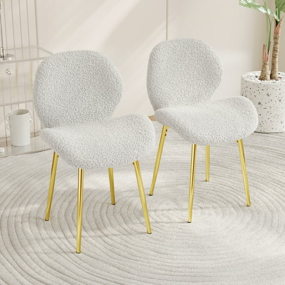 Modern Minimalist White Teddy Velvet Dining Chairs Set of 2, Shell Backrest, Gold Metal Legs, Comfortable Seat, Durable & Easy-Clean for Kitchen, Dining Room, Office