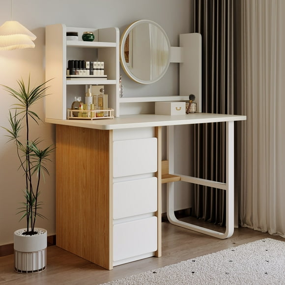 Modern White Vanity Desk with LED Mirror Dressing and Computer Two-In-One Table Set Makeup Vanity