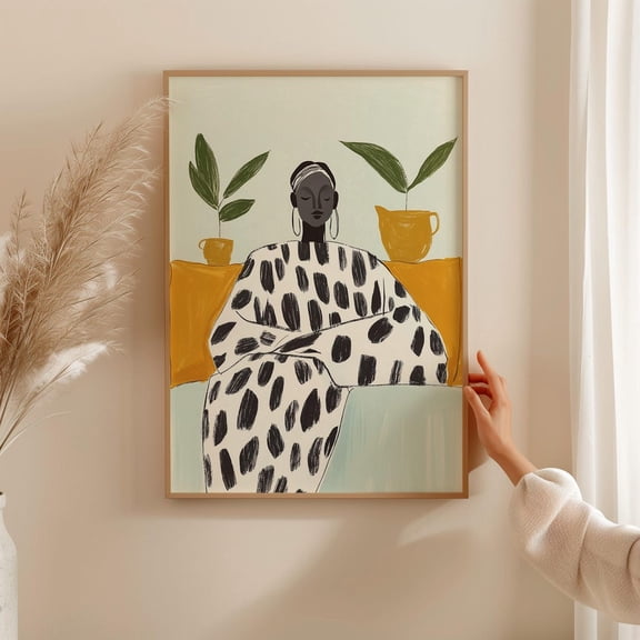 Modern Minimalist Woman Portrait Print, Black And White Abstract Fashion Bold Art Print With Greenery And Mustard Decor Wall Art, Modern Wall Decor, 8x12 UNFRAMED
