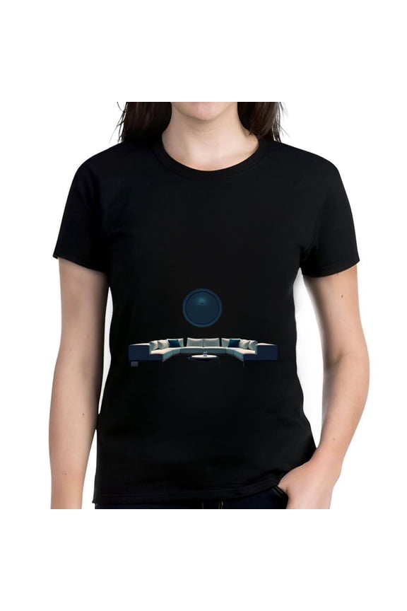 Modern Minimalist Women's Cotton Short Sleeve T-Shirt with Camera Lens and Curved Sofa Design - Cozy Aesthetic Tee