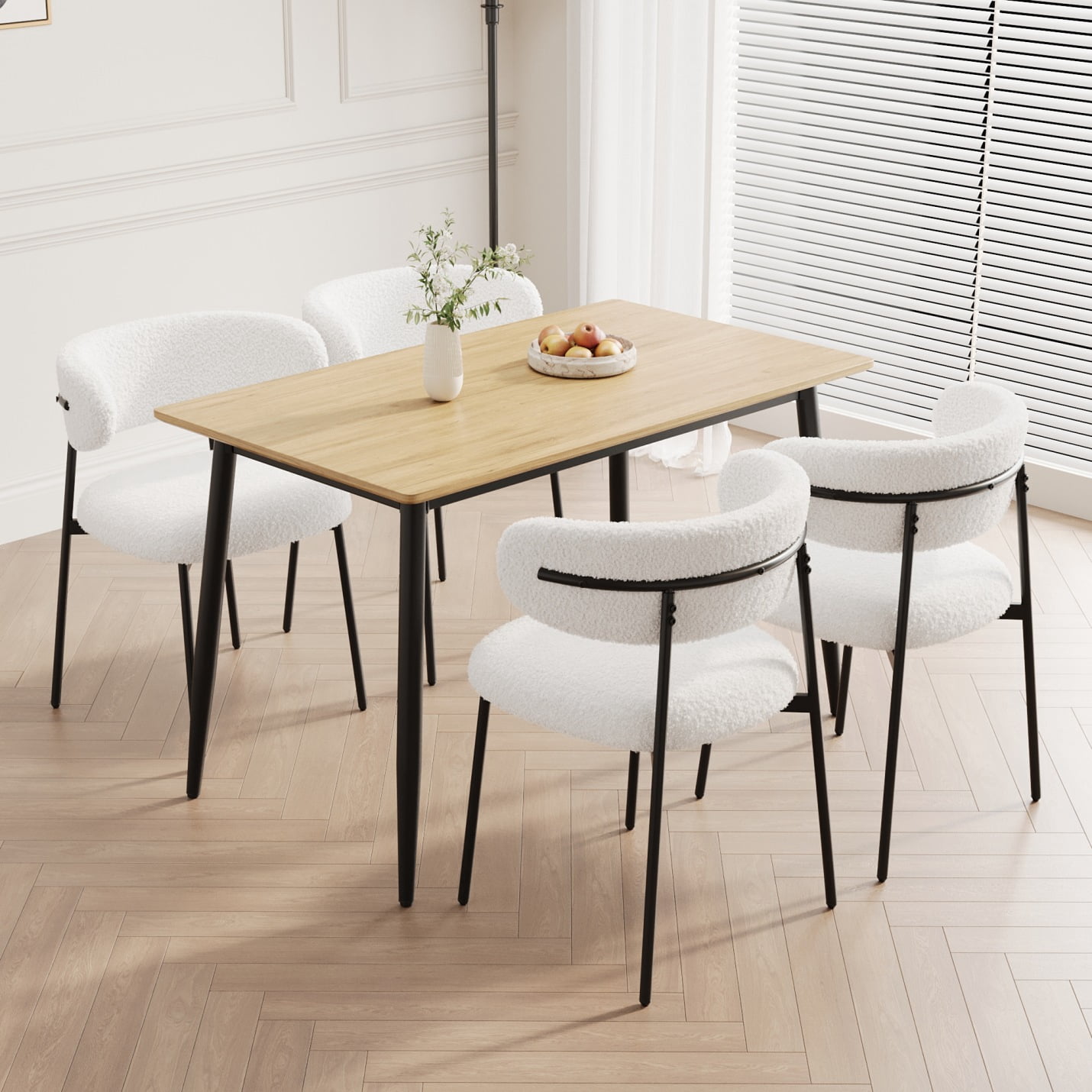 Modern Minimalist Wood Grain Dining Table and Chair Set, 4-Piece for 4 ...