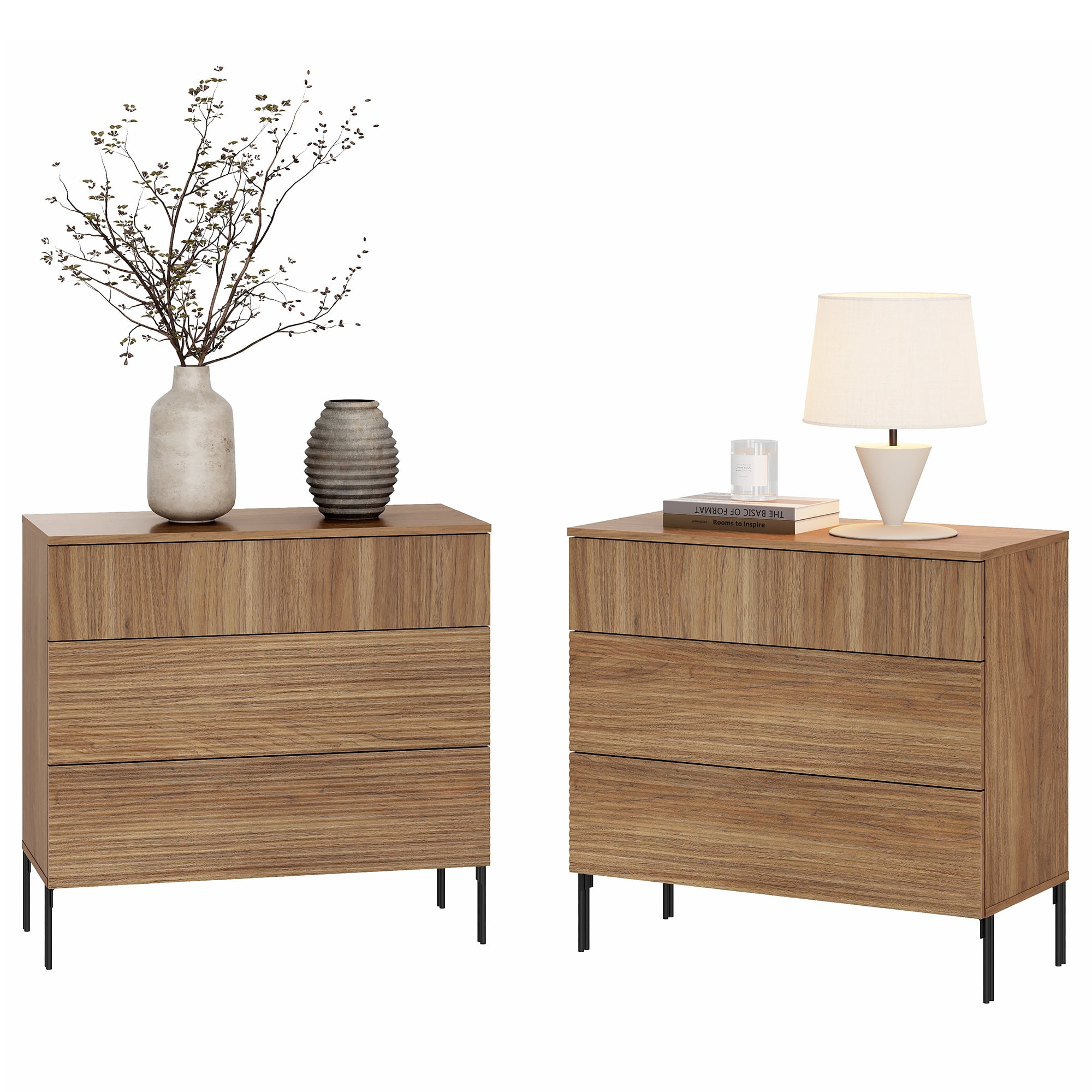 Modern Minimalist Wood Nightstand Set of 2 with 3 Drawers ,31.5" Large End Table,Reeded Design Bedside Table for Bedroom, Living Room,Entryway