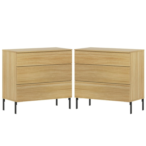 Modern Minimalist Wood Nightstand Set of 2 with 3 Drawers ,31.5" Large End Table,Reeded Design Bedside Table for Bedroom, Living Room,Entryway