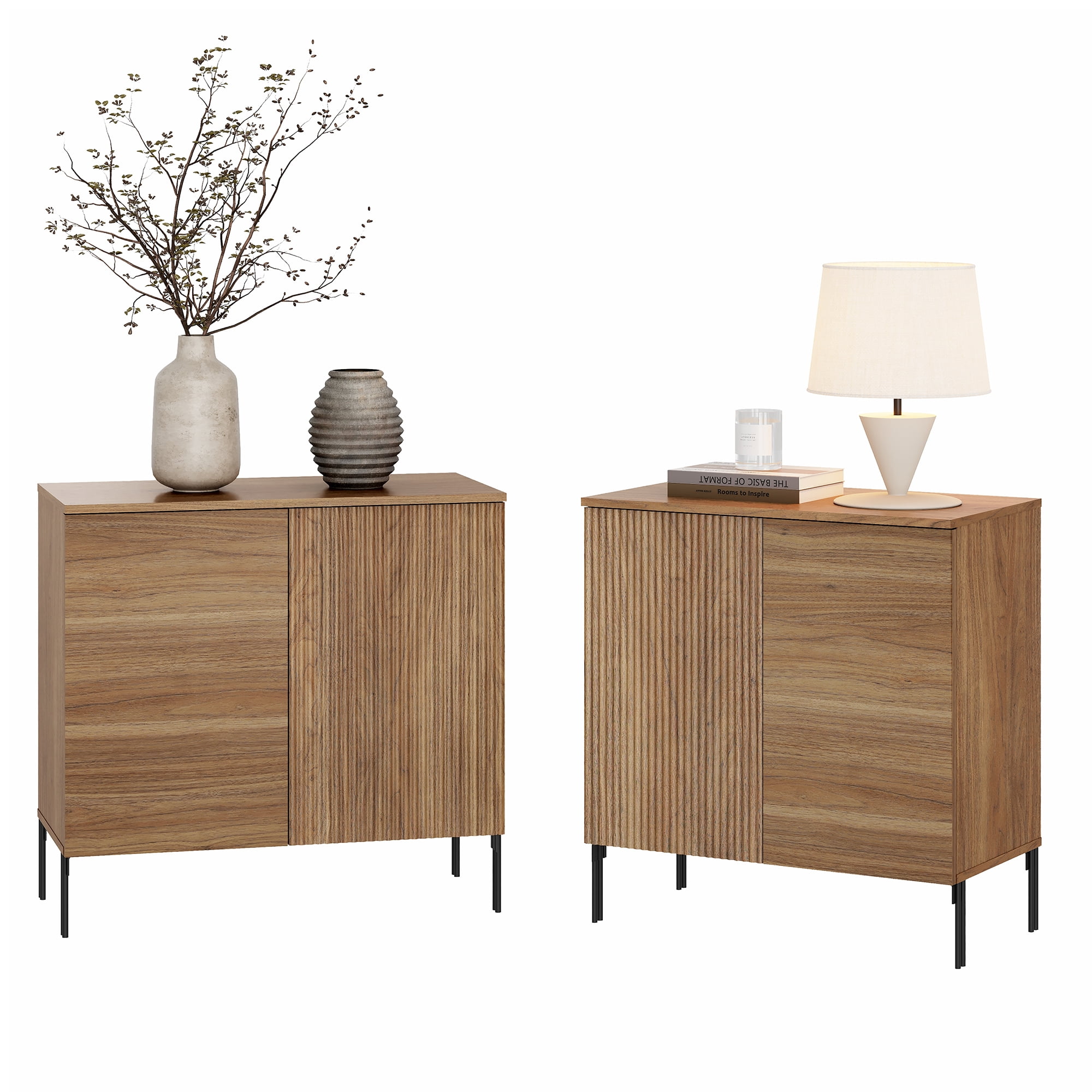 Modern Minimalist Wood Nightstand Set of 2 with Doors ,31.5" Large End Table,Reeded Design Bedside Table for Bedroom, Living Room,Entryway