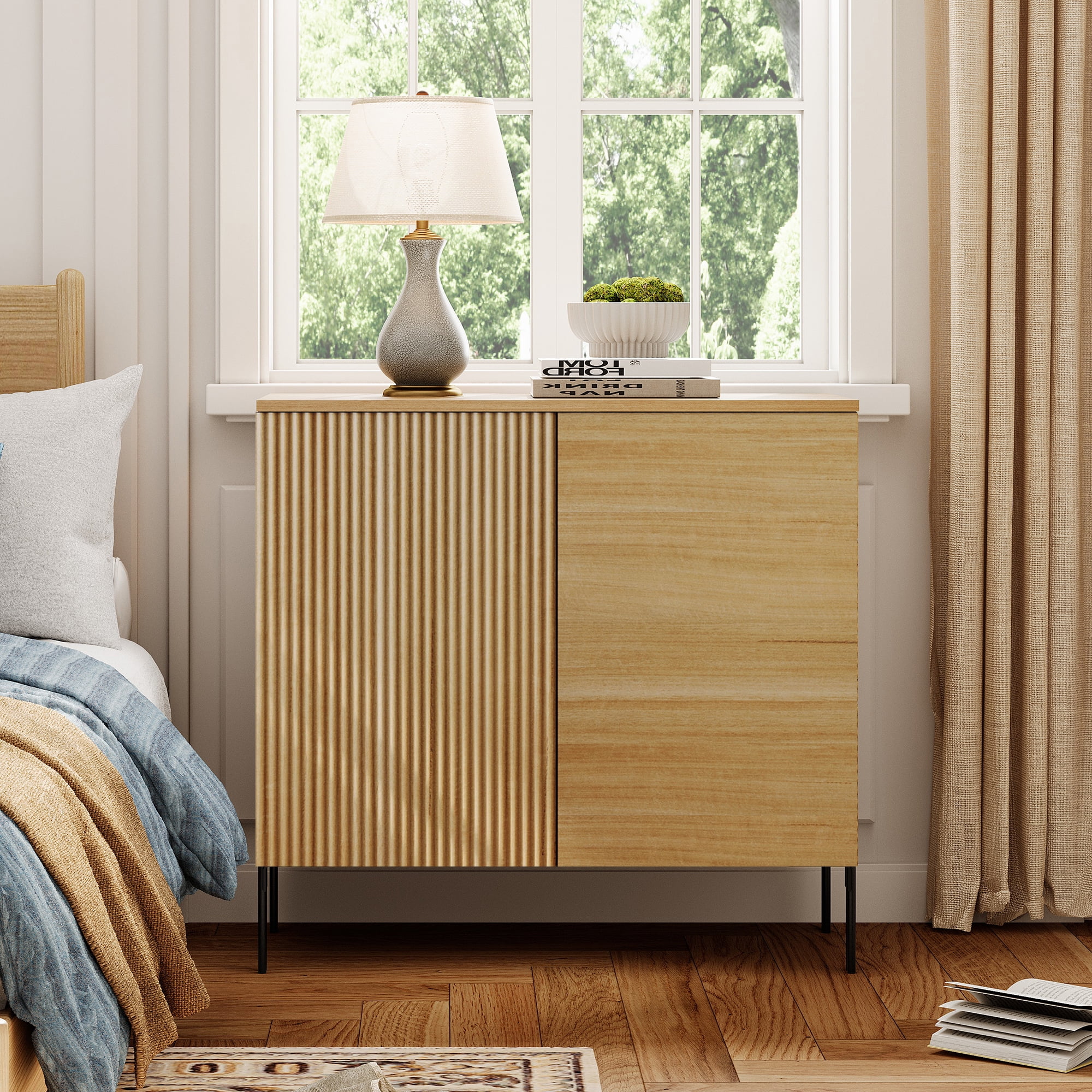 Modern Minimalist Wood Nightstand with Doors ,31.5" Large End Table,Reeded Design Bedside Table for Bedroom, Living Room,Entryway
