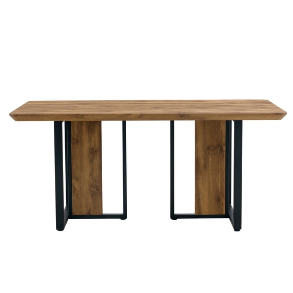 Modern Minimalist Wood-Pattern Dining & Computer Table, perfect for dining rooms and living rooms. Features a wood-veneer finished MDF top and spray-painted iron legs. Dimensions: 67"L x 36"W x 30"H.