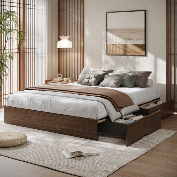 Modern Minimalist Wooden Platform Bed Frame with 2 Storage Drawers, Floor-Standing Design for Twin/Twin-XL/Full/Queen/King/Cal King, Natural/Walnut/Black Gray