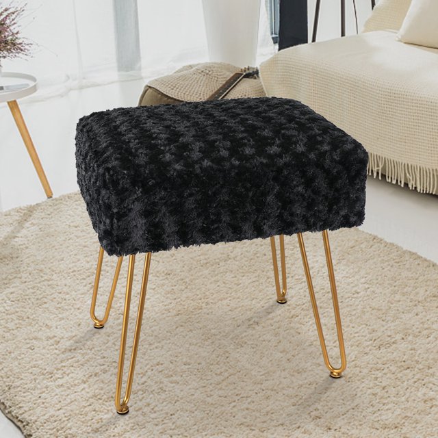 Modern Mink Square Footstool Ottoman,Rose Pattern Furry Faux Fur Vanity
