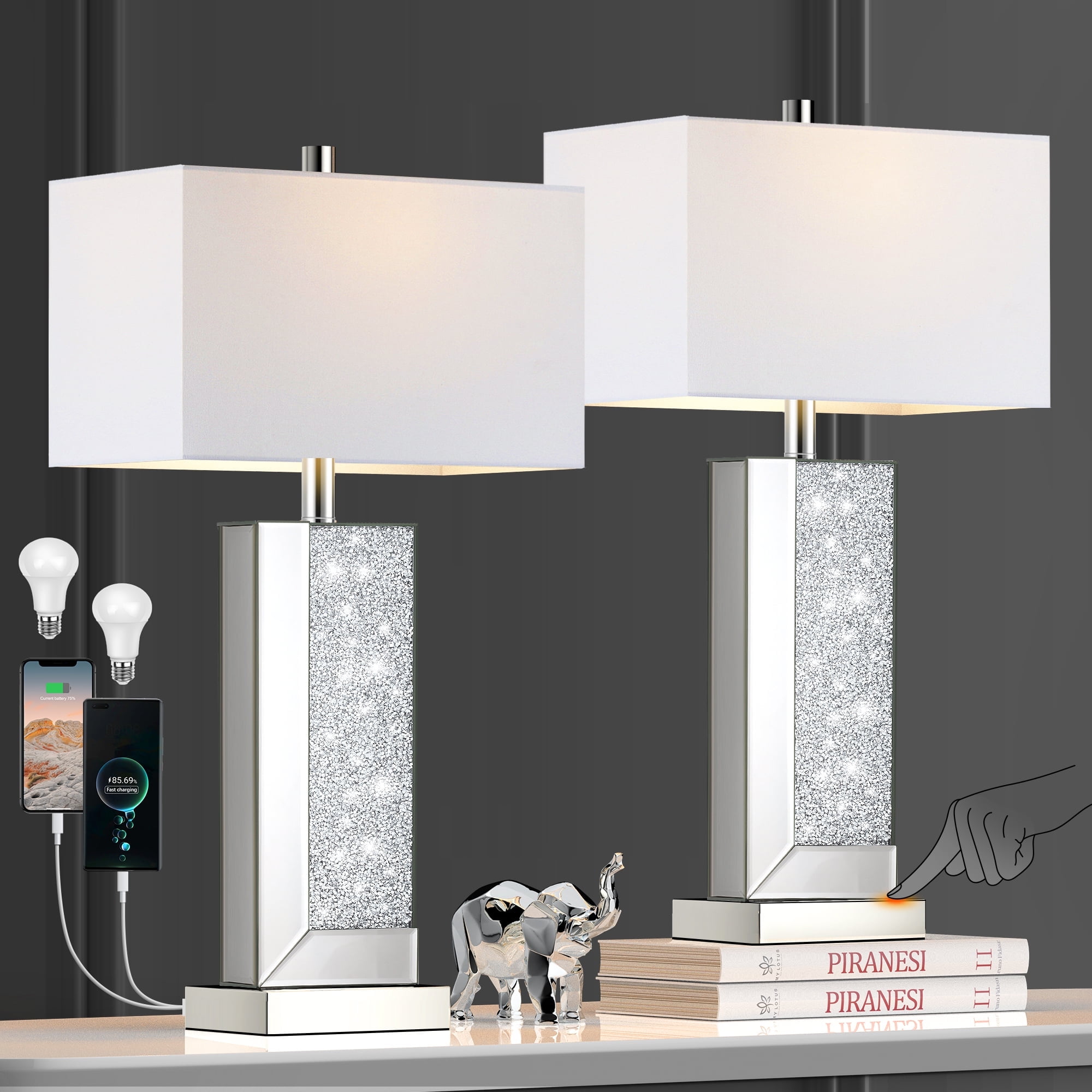 Modern Mirror Table Lamp Set of 2 - Touch Control 3-Way Dimmable Bedside Lamps with USB-C/A Ports for Living Room