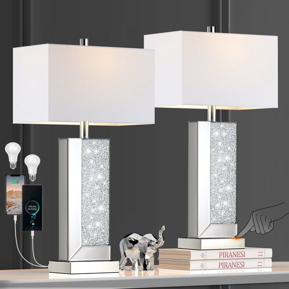 Modern Mirror Table Lamp Set of 2 - Touch Control 3-Way Dimmable Bedside Lamps with USB-C/A Ports for Living Room