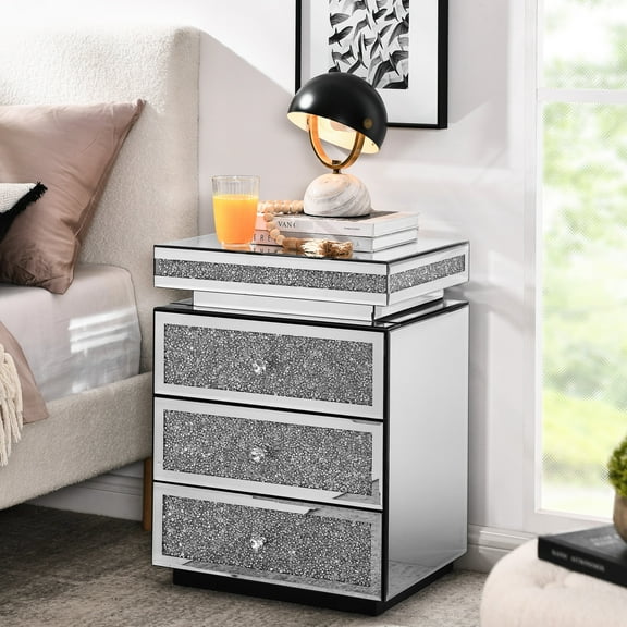 Modern Mirrored Bedside Table With 3 Drawers, Silver Crystal Inlay Bedroom Table, 13.8"w X 17.7"l 23.6"h Drawers For Bedroom,