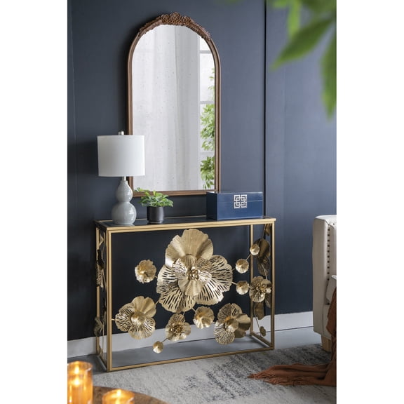 Modern Mirrored Console Table | Enhances Living Space Decor | Featuring Gilded Floral Design | Addresses Plain Decor Concern