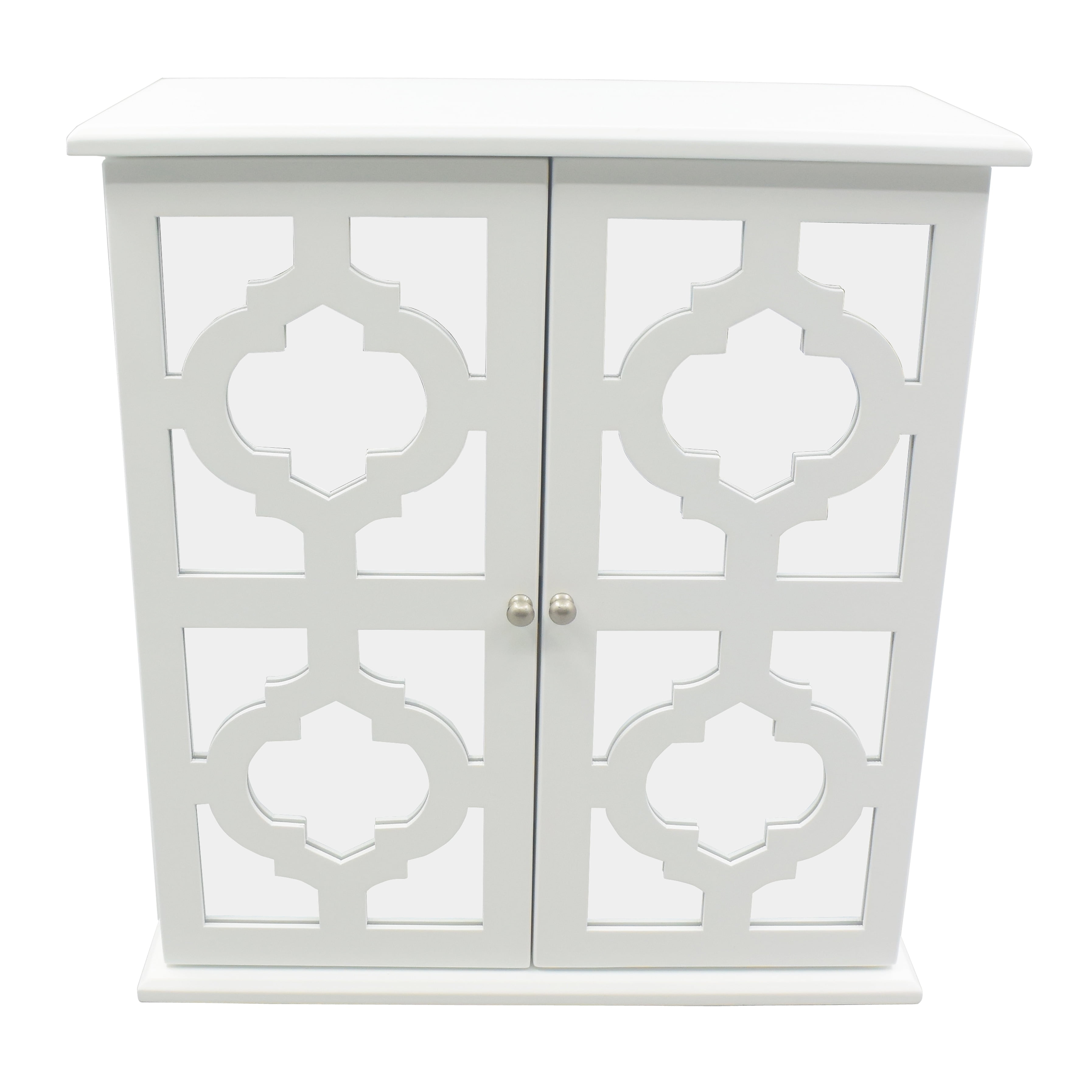 White Mirrored Door Transitional Jewelry Box with Storage