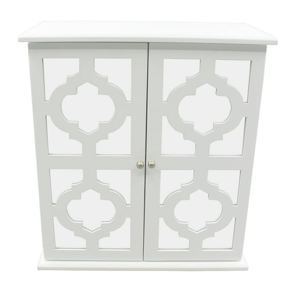Elegant White Mirrored Jewelry Box with Lattice Doors and Multi-Compartment Interior Storage