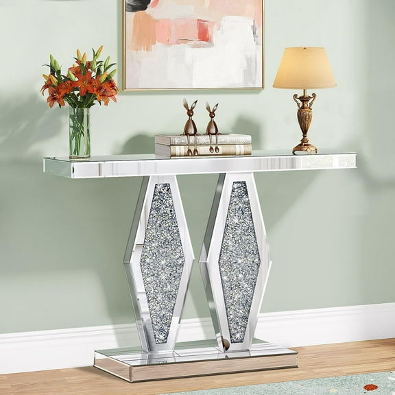 Modern Mirrored Entryway Console Tables with Crushed Diamond Inlay, 39.37" Long Silver Hallway Table for Entryway, Glam Glass Foyer Table for Home Decor