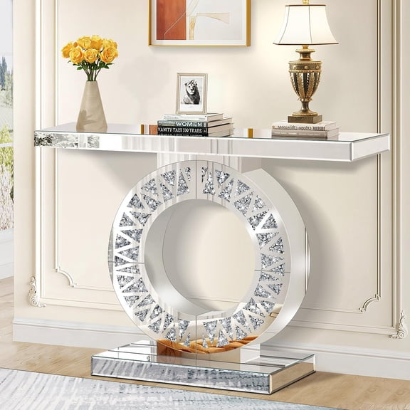 Modern Mirrored Entryway Console Tables with Crushed Diamond Inlay, 39.4" Long Silver Hallway Table for Entryway, O-Shaped Base Luxury Glass Foyer Table for Home Decor