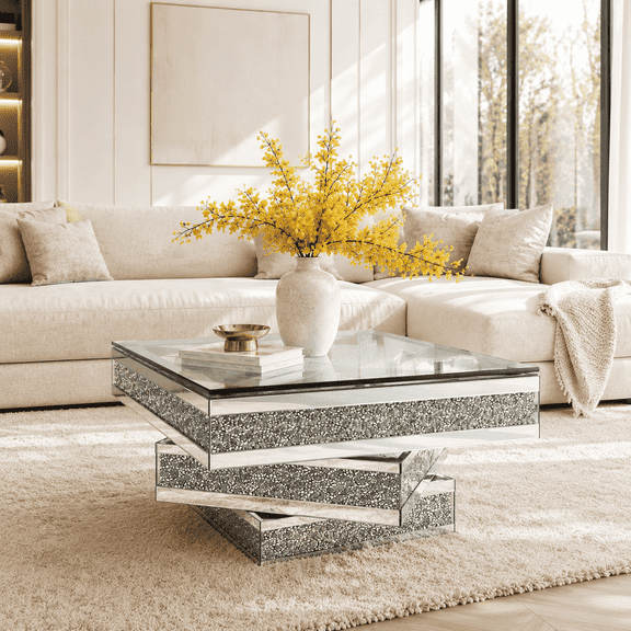 Modern Mirrored Faux Diamond Inlay Square Glass Coffee Table