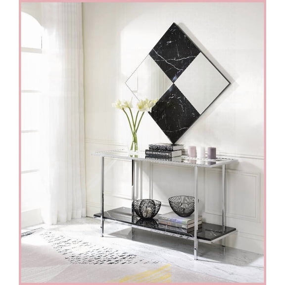 Modern Mirrored Faux Marble Console Table with Chrome Frame – Brightens Entryway & Offers Stylish Storage