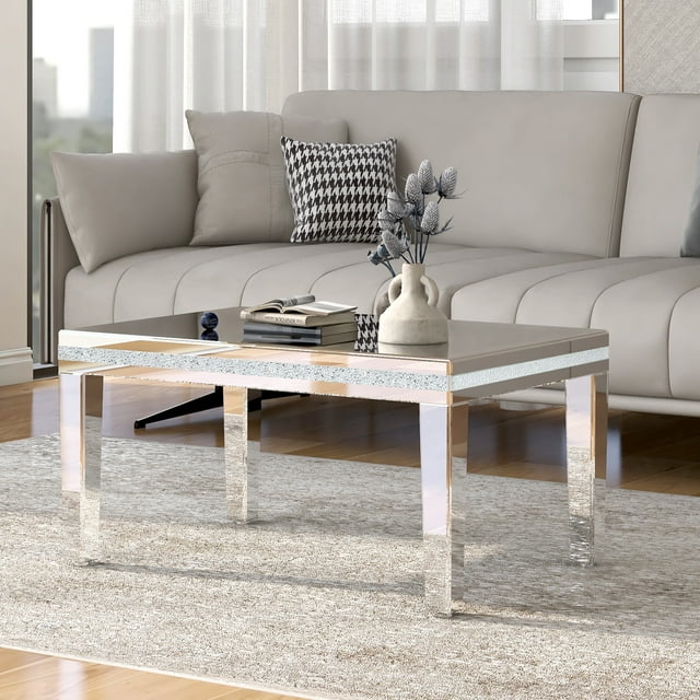 Modern Mirrored Silver Coffee Table with Crystal Design, Adjustable