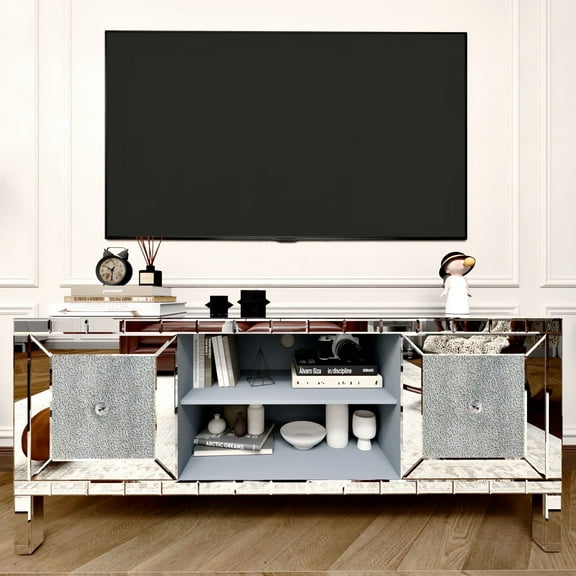 Atumcto Mirrored TV Stand with Adjustable Storage and Crushed Diamond Glass Doors for 65in TVs