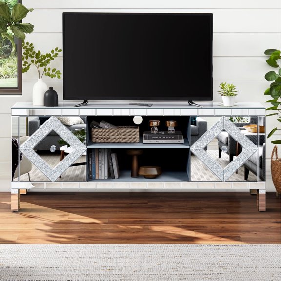 Modern Mirrored Tv Stand For 65+ Inch Televisions, Silver Console With 2 Storage Spaces & Open Shelf, Living Room Tvs, Cabinets, Decor