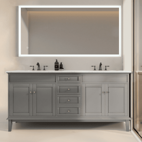Modern Mirrors Laurant Double Bathroom Vanity with 2 Vanity Cabinets, 4 Drawers, Quartz Countertop, and 2 Porcelain Sinks