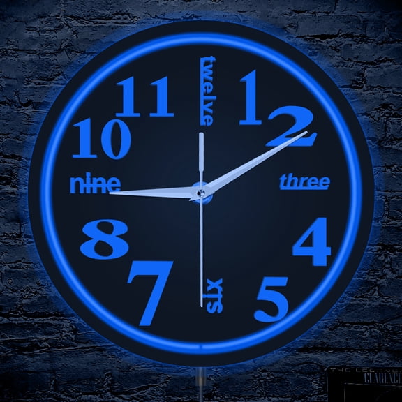 Modern Mixed Number LED Lighting Wall Clock for Bar Man Cave Urban Contemporary Accent Home Decor Metal Framed Neon Glow Clock