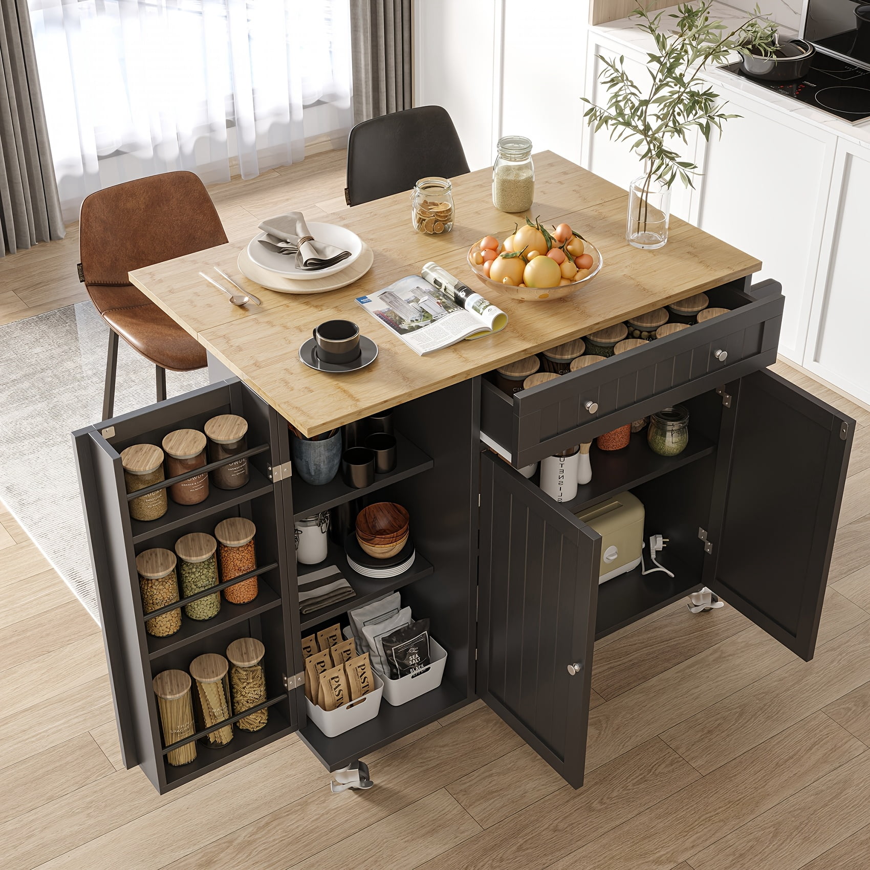 Modern Mobile Kitchen Island Cart with Drop Leaf Table, Storage Cabinet ...