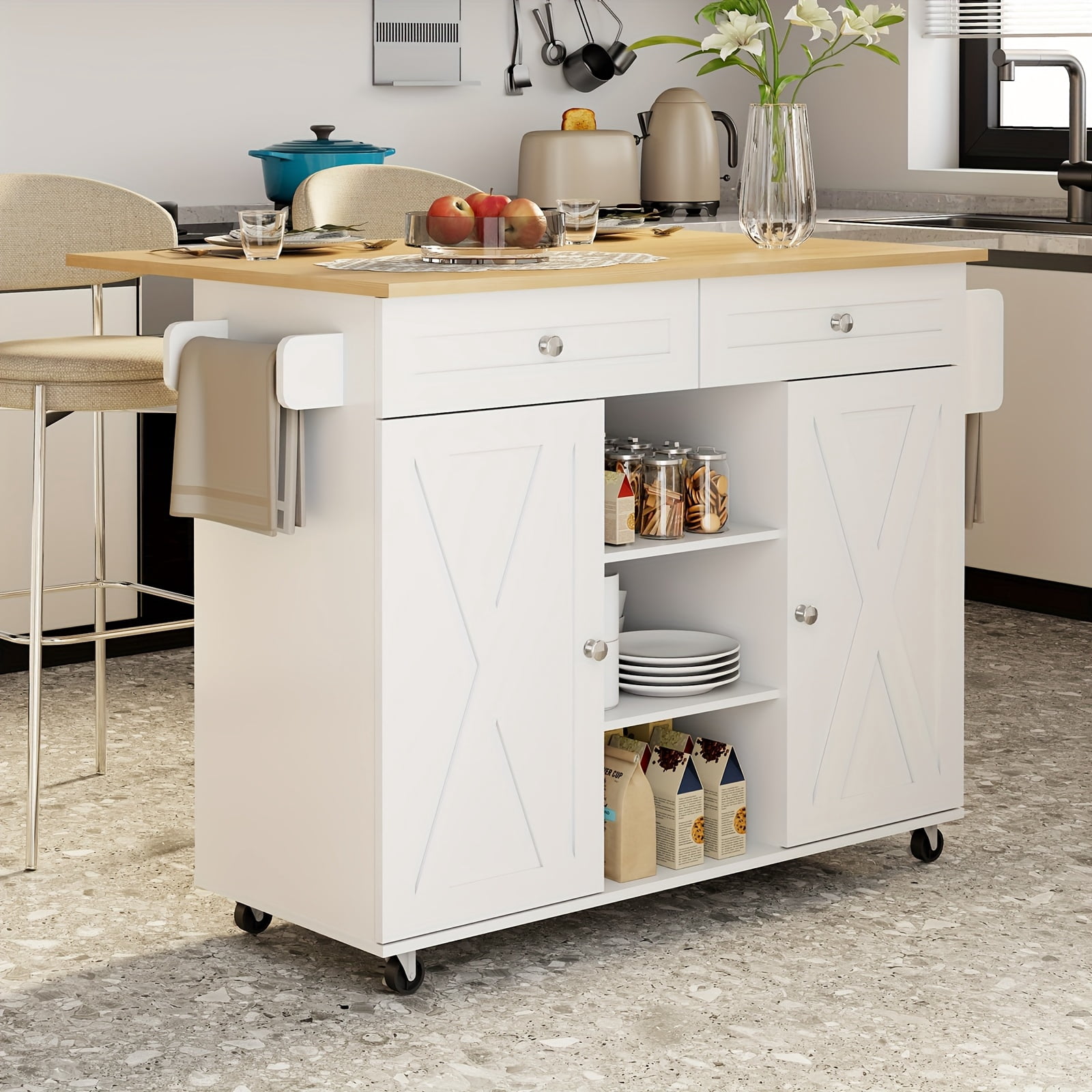 Modern Mobile Kitchen Island Cart with Wooden Countertop, Locking ...