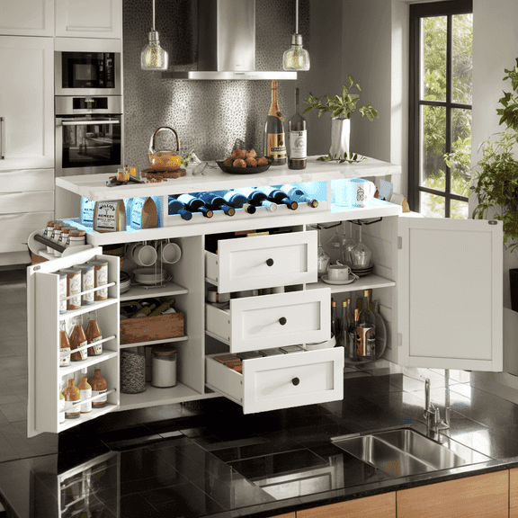 Modern Mobile Kitchen Island Sideboard with RGB LED Lights & 5 Easy-Roll Wheels – Spacious Storage, Locking Brakes, Perfect for Small Kitchens, Parties & More!