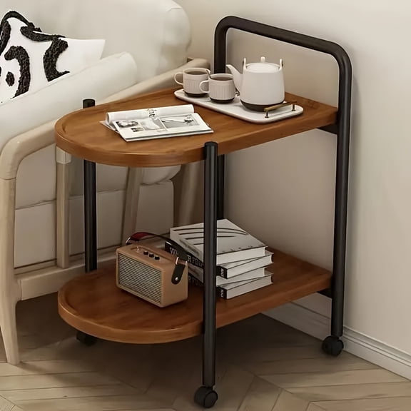 Modern Mobile Side Table with Round Wood Top and Metal Frame - Rolling Cart for Living Room and Bedroom - Compact Nordic Style Mini Coffee Tea Trolley with Space-Saving Storage Shelf