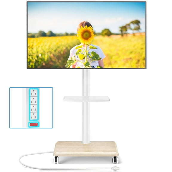 TAVR Furniture Modern Mobile TV Stand with Wheels for 32-60 inch Screen, White Rolling TV Stand with Power Outlet